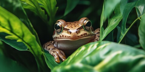 Obraz premium Frog nestled among lush greenery in a botanical garden, showcasing the vibrant ecosystem where frogs thrive. This frog highlights the rich biodiversity found in botanical gardens.