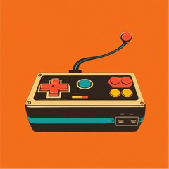 Retro style gaming controller against a vibrant orange background.