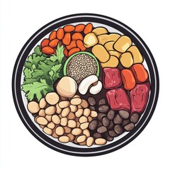 A vibrant assortment of healthy ingredients featuring nuts, seeds, vegetables, and proteins displayed in a round plate.
