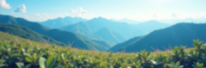 Blue hazy blurred landscape with hills and mountains in the distance, outdoor scene, hill, flora