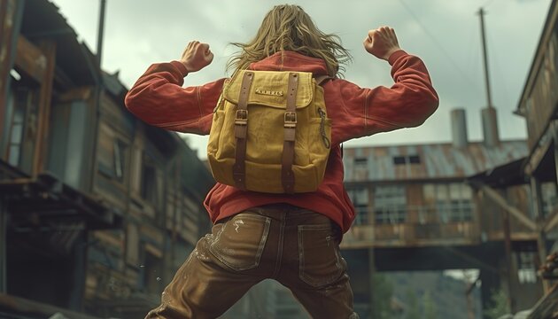 Rear view young tall cute excited funny &Ntilde;asual active guy in red hoodie