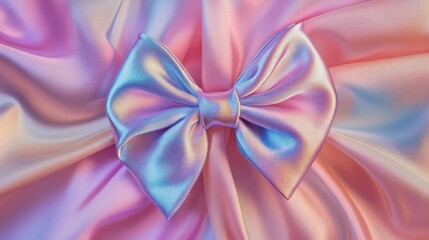 Fototapeta premium Beautiful iridescent bow on flowing pastel silk fabric