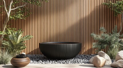 Serene Zen Garden with Black Stone Tub and Wooden Wall