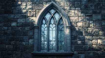 Gothic arched window in stone wall.