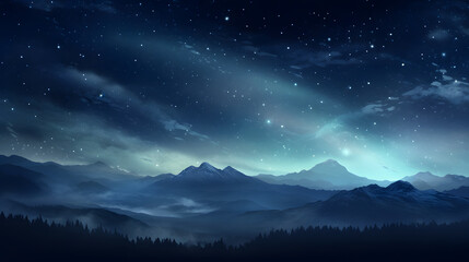 Naklejka premium digital cyan blue night mountains and stars design graphics poster background