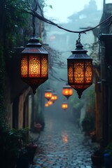 Misty cobblestone street with glowing lanterns.