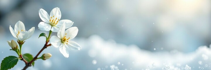 Delicate petals of white jasmine flowers unfold in a snowy landscape, white jasmine, isolated flowers, spring flowers