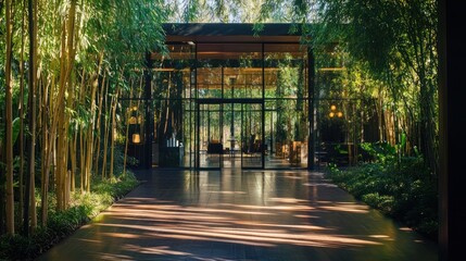 Modern glass pavilion entrance surrounded by lush bamboo grove.