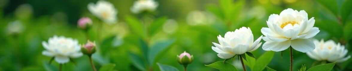 Obraz premium Delicate white peonies in full bloom amidst lush green foliage, blossoms, flowers, spring flowers
