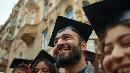 Fototapeta premium Proud Professor Celebrates Graduation with Students in Caps