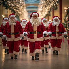 A group of Santa Claus figures walking down the mall, celebrating Christmas with their hands in...