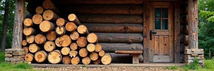 Firewood and logs stacked near a rustic cabin door, lumber, wood