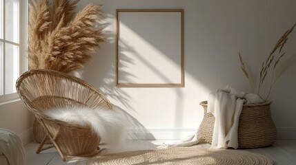 Bohemian Chic Interior Mockup with Empty Frame