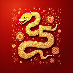 Fototapeta premium Golden Snake Shaped 25 for Lunar New Year 2025 with Fireworks and Floral, chinese new year snake