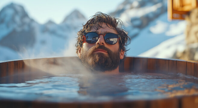 A bearded man with sunglasses is relaxing in an outdoor wooden hot tub. Steam rises from the water, and snow-covered mountains are visible in the background. He has a lot of hair o