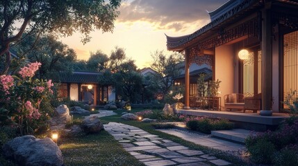 Fototapeta premium Serene sunset view of a traditional Chinese garden with stone path, houses, and lush greenery.