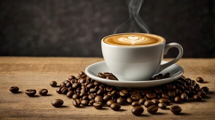 Obraz premium Warm coffee cup & roasted brown beans on wooden surface. Hot energetic beverage caffeine cappuccino on cozy & appetizing presentation