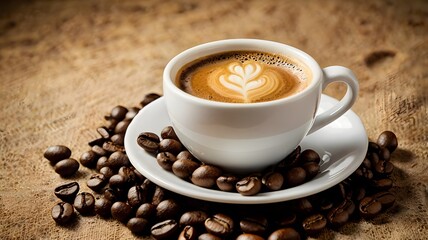 Fototapeta premium Warm coffee cup with latte art love foam & roasted brown beans. Hot energetic beverage caffeine cappuccino on cozy & appetizing presentation