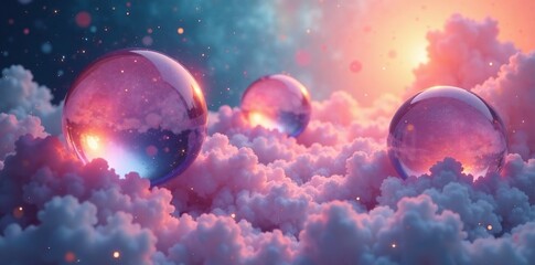 Interconnected spheres suspended in a dreamy atmosphere, subtle, hazy, surreal