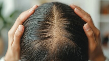 Fototapeta premium An individual with a receding hairline is holding back their thinning hair, showcasing early signs of male pattern baldness in a close-up view.