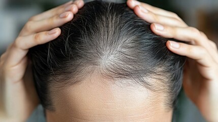 Fototapeta premium Individual with receding hairline holds back thinning hair in a close-up shot highlighting early male pattern baldness