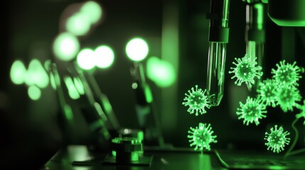 Green glowing cells under microscope reveal the intricate beauty of microscopic life, symbolizing the delicate balance and complexity of biological processes in nature.