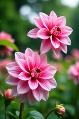 Obraz premium Pink dahlia flowers swaying in a gentle summer breeze, breeze, blooming flowers, dahlias
