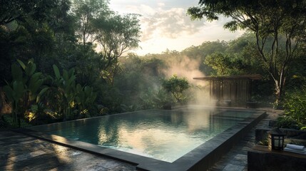 Serene Jungle Pool at Sunrise: Tranquil Escape in Lush Tropical Paradise