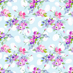 Spring Flowers Seamless Pattern. Watercolor Floral Background for Wedding Invitation, Fabric, Wallpaper, Textile. Botanical Hand Drawn Texture. Vector illustration