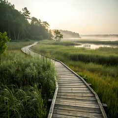 serene wooden pathway through a lush marsh