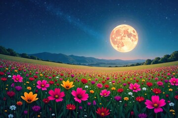 Radiant Moon Rising above Blooming Flower Field with Twinkling Stars, meadow flowers, starlight