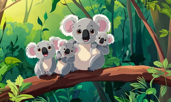 Koala Family of Four on a Branch in Lush Australian Rainforest