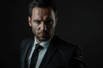 Serious Businessman in Black Suit Against Dark Background