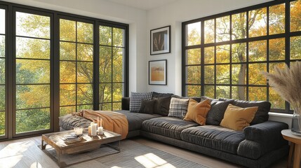 Cozy Autumn Living Room with Large Windows and Fall Foliage View