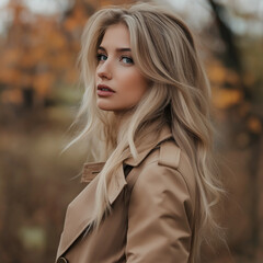 Naklejka premium Autumn fashion portrait of a young woman outdoor park lifestyle photography natural setting close-up shot modern aesthetic