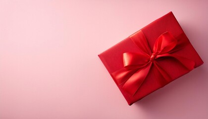 Red Gift Box with Red Ribbon on Soft Pink Background. Top View of Romantic Gifts with Copy Space