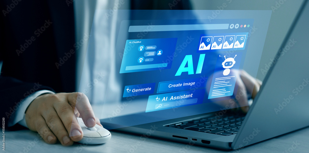 Poster Person using laptop with Ai Content Generator. Interaction with the Ai assistant to solve some tasks more easily. Image generator, documents, marketing and advertising, bot writing and coding.