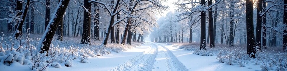 Fototapeta premium Snow-covered forest path winding through trees, branch, landscape, winter