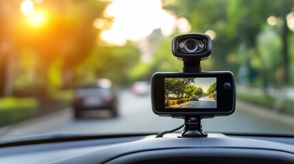 Dashboard camera capturing a scenic road view during a drive.