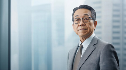 Fototapeta premium Senior businessman in grey suit and glasses near office window. Executive management advertising