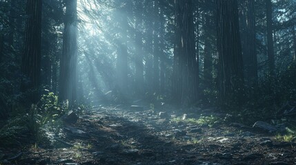 Fototapeta premium Sunbeams illuminate a misty forest path.