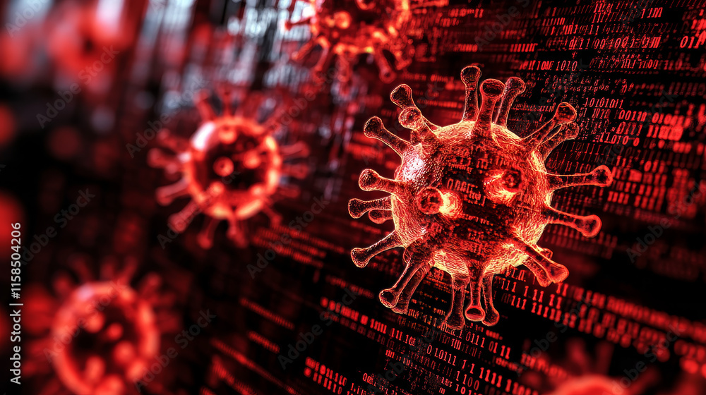Poster abstract binary signal or are warned hacked by viruses, malware or hackers on a red digital backgrou
