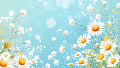 Daisies and Dandelions on a Light Blue Background