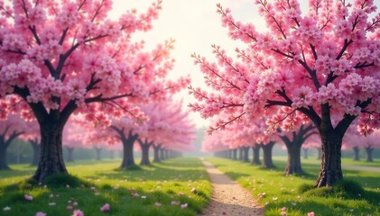Fototapeta premium Spring morning with blooming cherry blossom trees, flowers, cherry blossoms, nature