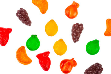 Fruit flavored worm shape, jelly candies. Isolated on transparent background.