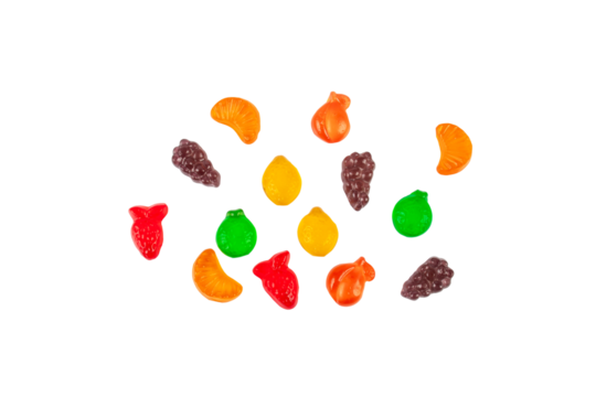 Fruit flavored worm shape, jelly candies. Isolated on transparent background.