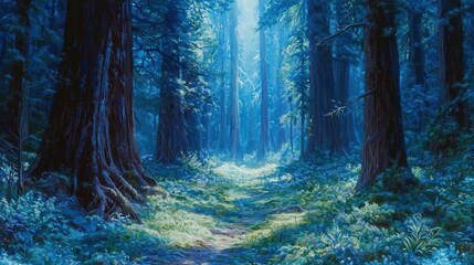 Fototapeta premium Sunlit path through a mystical blue forest.
