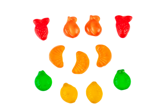 Fruit flavored worm shape, jelly candies. Isolated on transparent background.