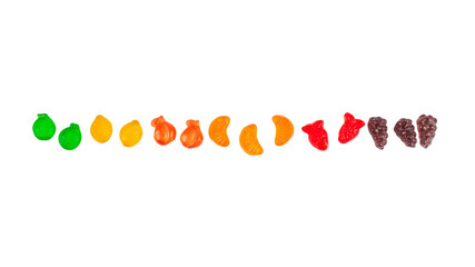 Fruit flavored worm shape, jelly candies. Isolated on transparent background.