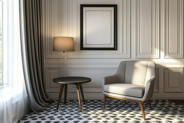 Modern Living Room Interior with Armchair and Empty Frame